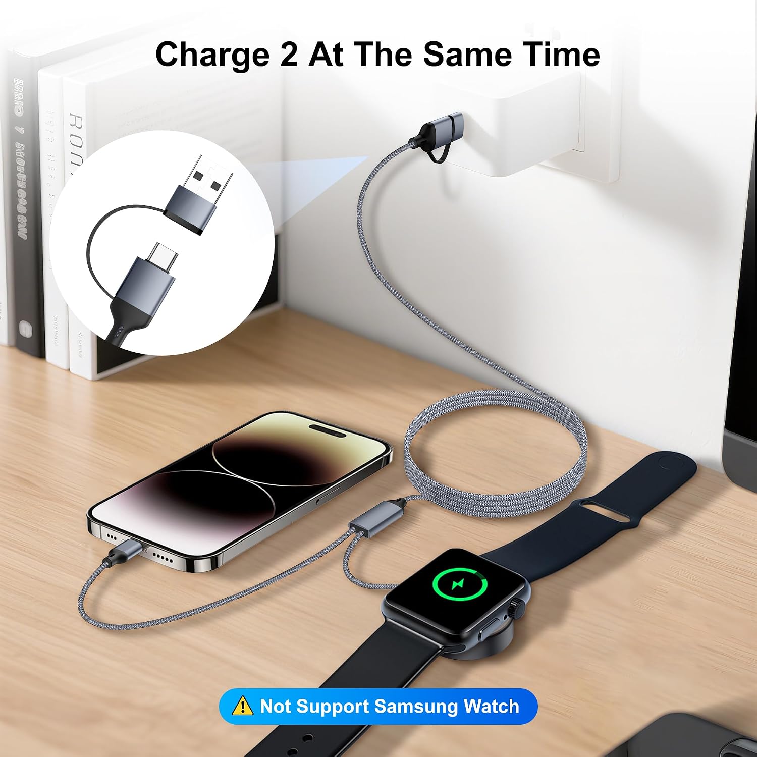 Detalle 2 de 1.2M USB-C iPhone & Watch Charger Cable (Grey) – Dual USB-A & USB-C Input, Nylon Braided, Safe Charging Protection