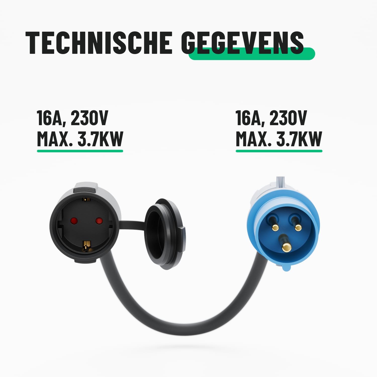 Detalle de greate 16A CEE-adapter naar Schuko, 50 cm kabel en IP44