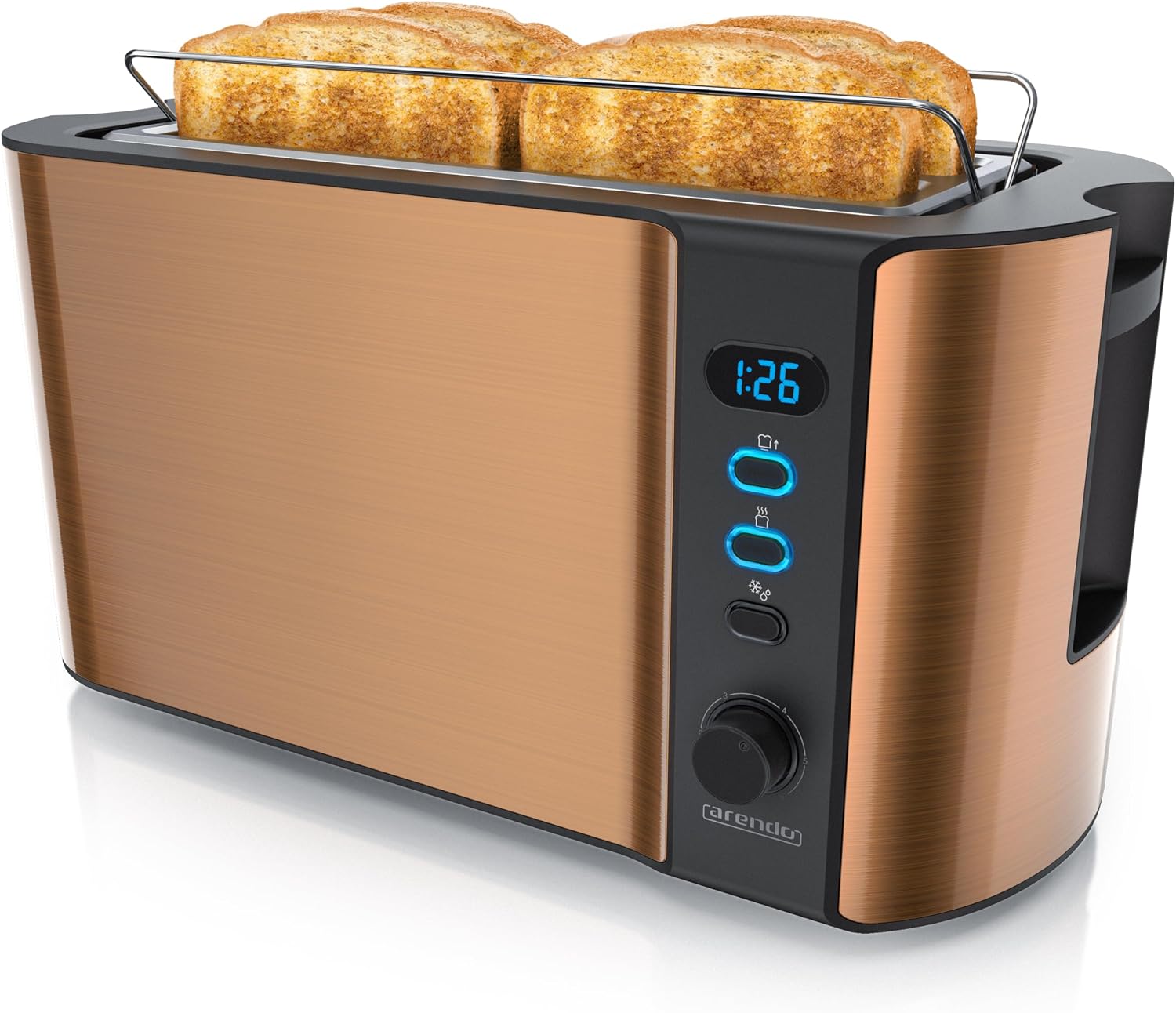 Detalle de Arendo Edelstahl-Langschlitztoaster für 4 Scheiben mit Defrost-Funktion und Restzeitanzeige (1500 W)