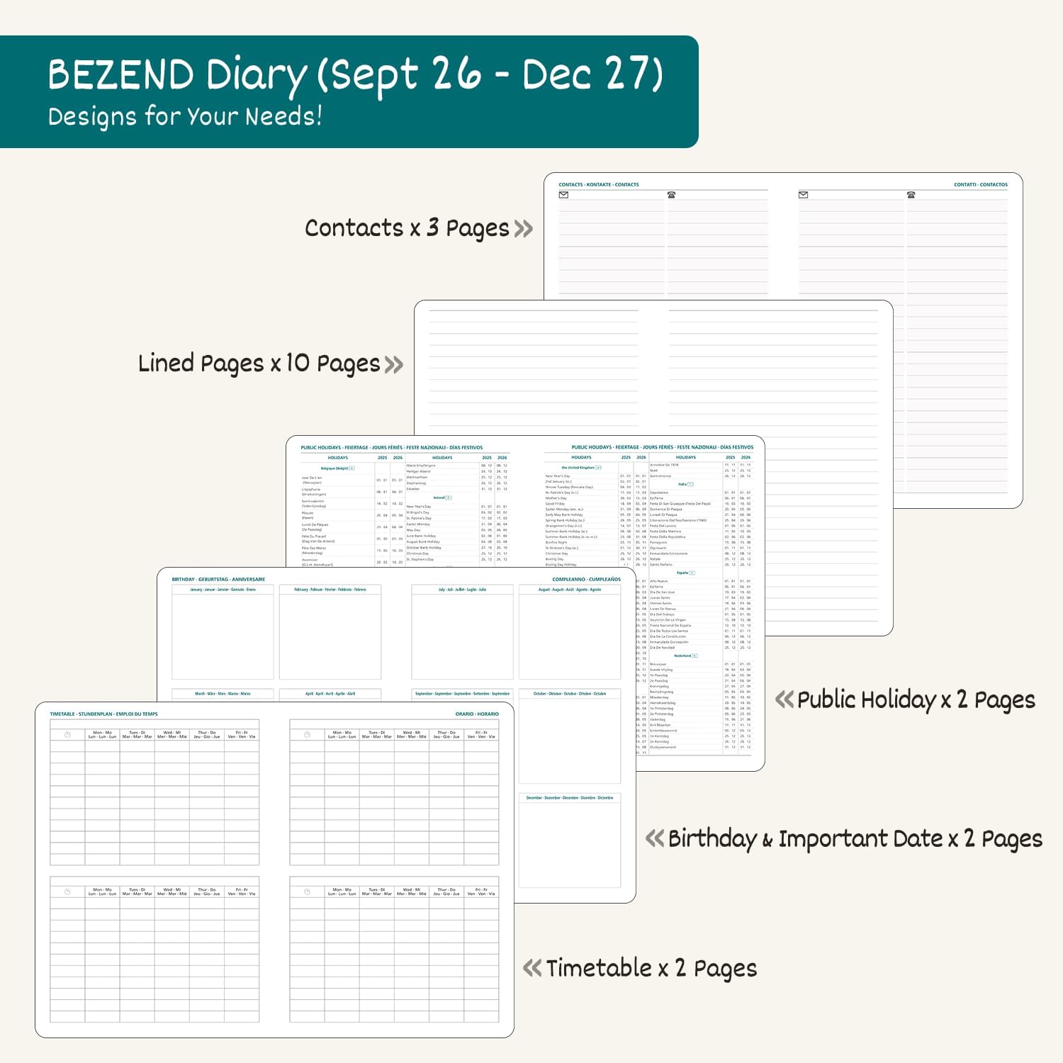 Detalle de BEZEND Academic Diary 2026-2027 Page A Day (Sept'26-Dec'27) Compact 18 x 13 cm – Lavender PU Leather