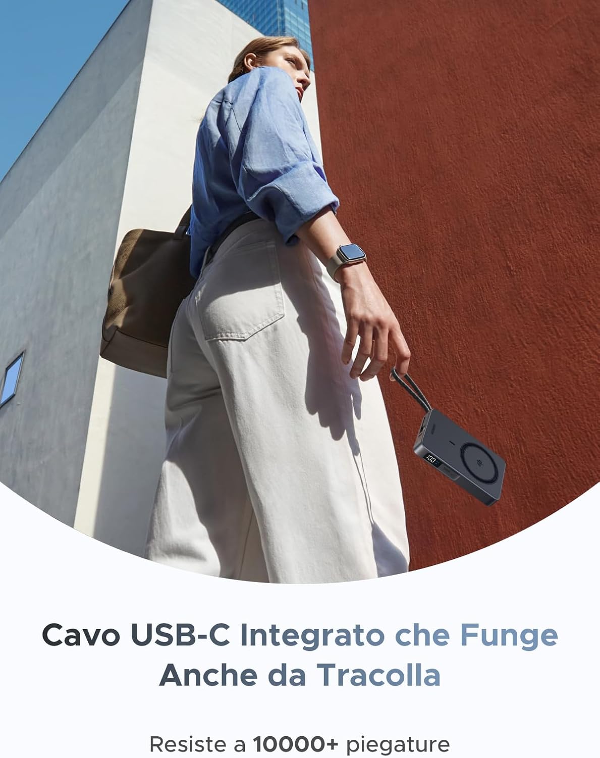 Detalle de UGREEN Magflow Qi2 25W Power Bank 10000mAh – ricarica wireless magnetica con cavo USB-C integrato