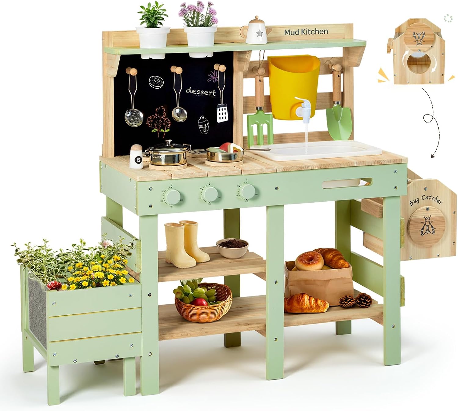 Labebe Matschküche Kinder Outdoor – 3-in-1 Spielküche mit Spüle, Pflanzkasten und Insekten-Beobachtungsbox
