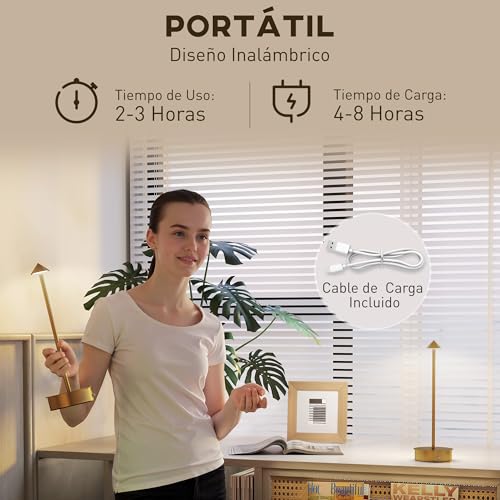 Detalle de HOMCOM Juego de 2 Lámparas de Mesa Recargables por USB: control táctil y 3 temperaturas de color en un diseño dorado