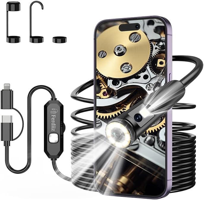 Detalle de Dual-Lens Endoscope Inspection Camera (1920P) by Ferdiiz — 16.4ft Semi-Rigid Snake with 8 Adjustable LEDs
