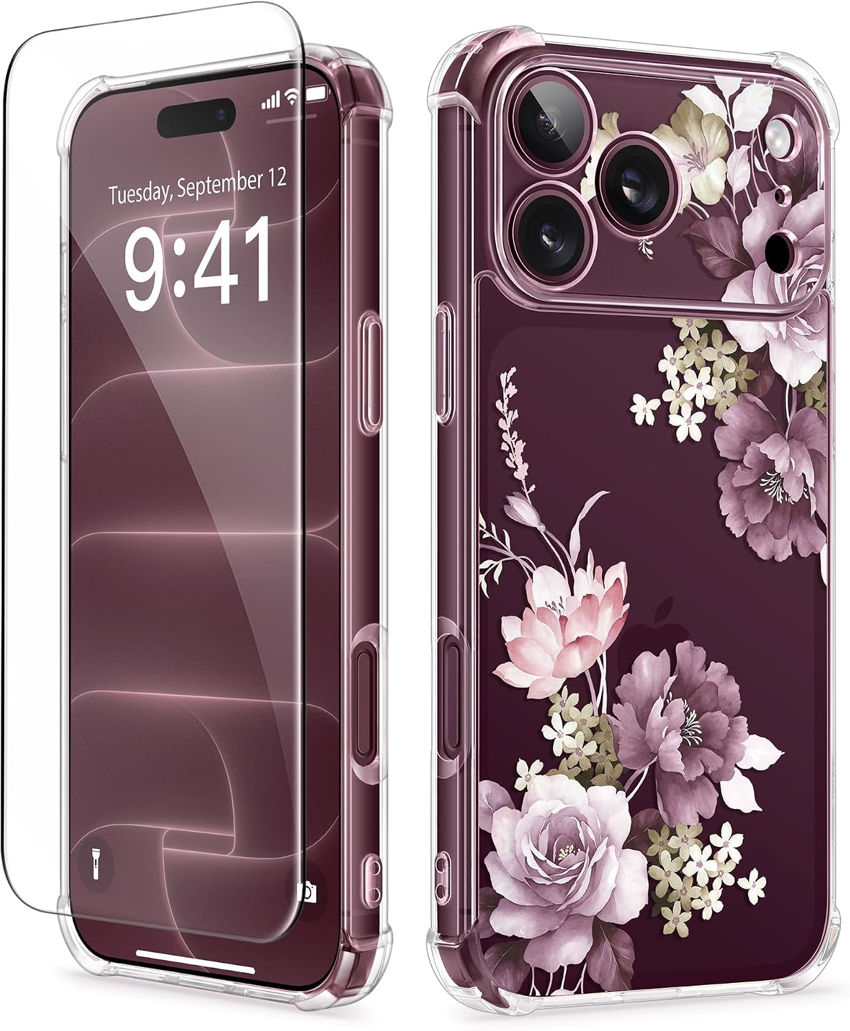 Detalle de GVIEWIN Floral Clear Case for iPhone 17/18 Pro Max with Screen Protector