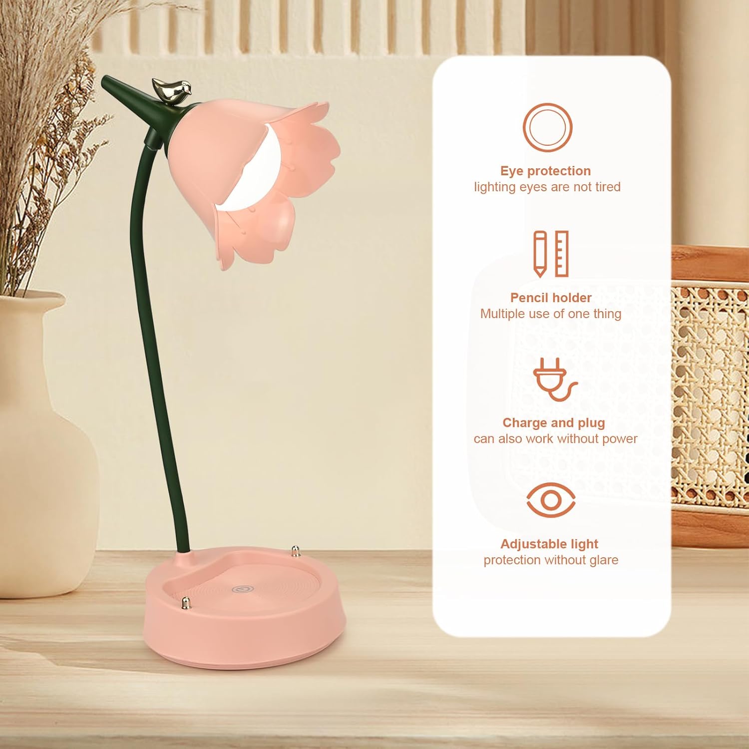 Thumbnail 2 de LED Flower Desk Lamp Cordless Table Light for Children (Pink) with 3 Colour Modes and Dimmable Touch Control