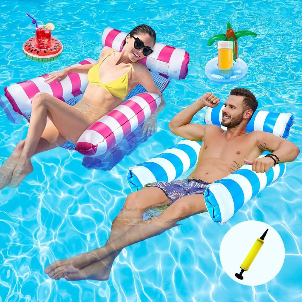 Detalle de Cadoal 2er Set Wasser-Luftmatratzen mit Luftpumpe und Getränkehaltern – 4-in-1 Wasserhängematte für Pool & Strand