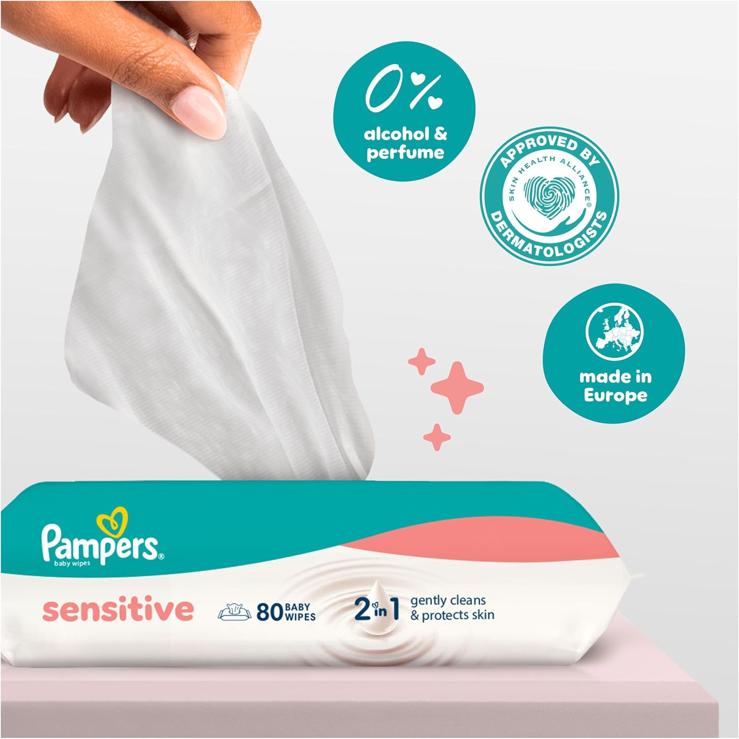 Detalle de Pampers Sensitive Baby Wipes Plastic Free (52 wipes) – 780 Wipes in Total, 2-in-1 Clean & Protect