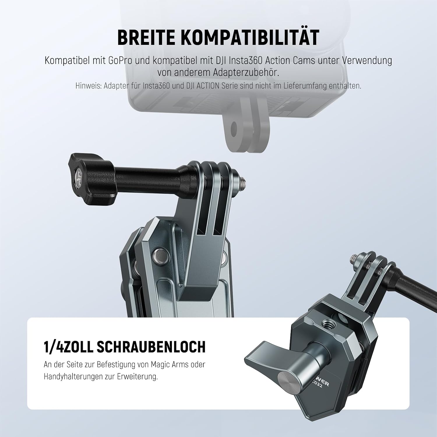 Detalle de NEEWER Action-Cam Klemmhalterung für Motorrad-Windschutzscheibe mit 3-poligem Adapter & 1/4-Zoll Schraubenloch