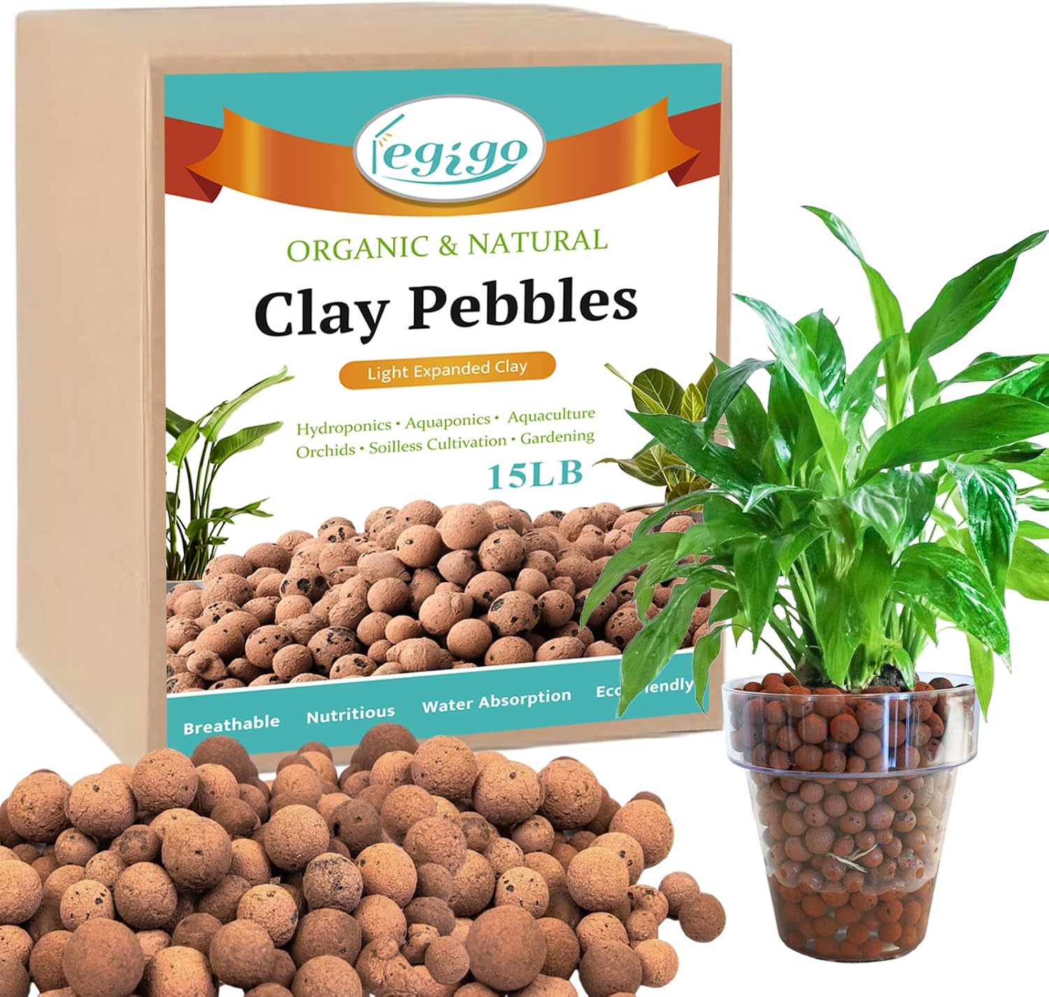 Detalle de Legigo Clay Pebbles-15LB LECA Growing Medium, 4–16 mm Natural Clay