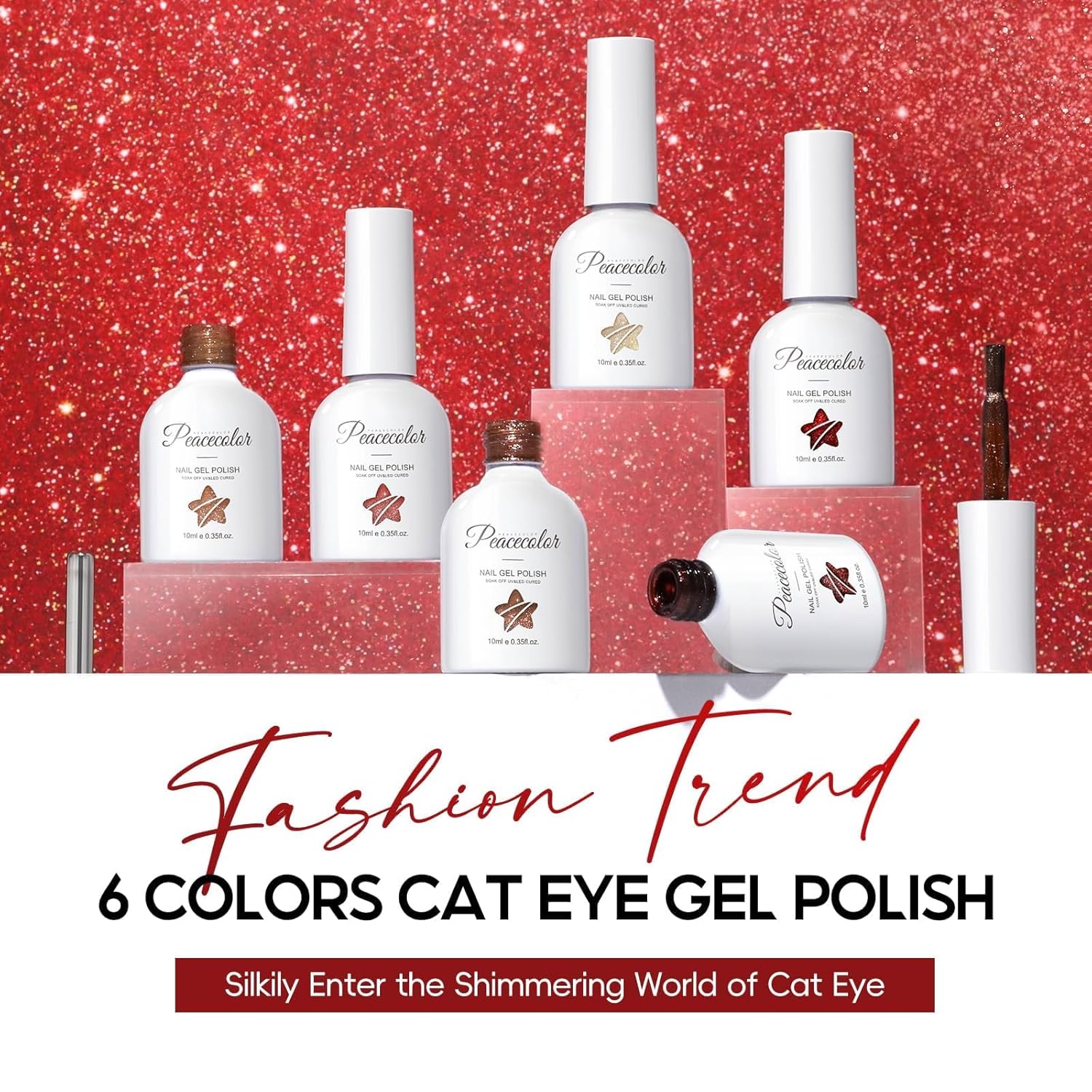 Detalle de PEACECOLOR 6-tlg. UV Cat-Eye Nagellack-Set (rot) mit Magnet, UV/LED-Härtung, DIY zu Hause (6×10 ml)