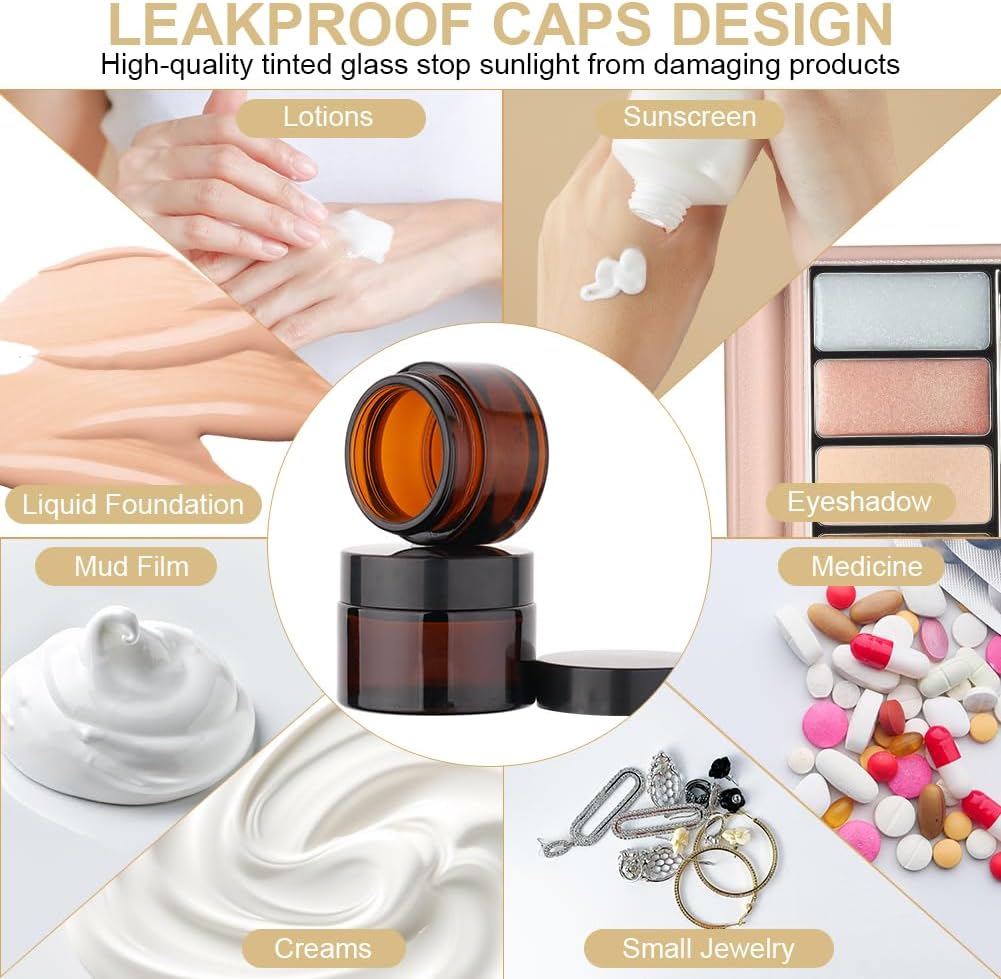 Detalle de HOTUT Pot de Crème Vide en Verre – Lot de 6 pots 30 ml, verre amber et étanche pourCosmétiques en voyage
