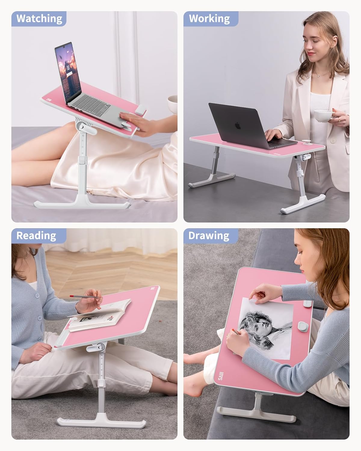 Detalle 2 de SAIJI Height & Angle Adjustable Laptop Stand for Bed (52 × 30 cm, Pink)