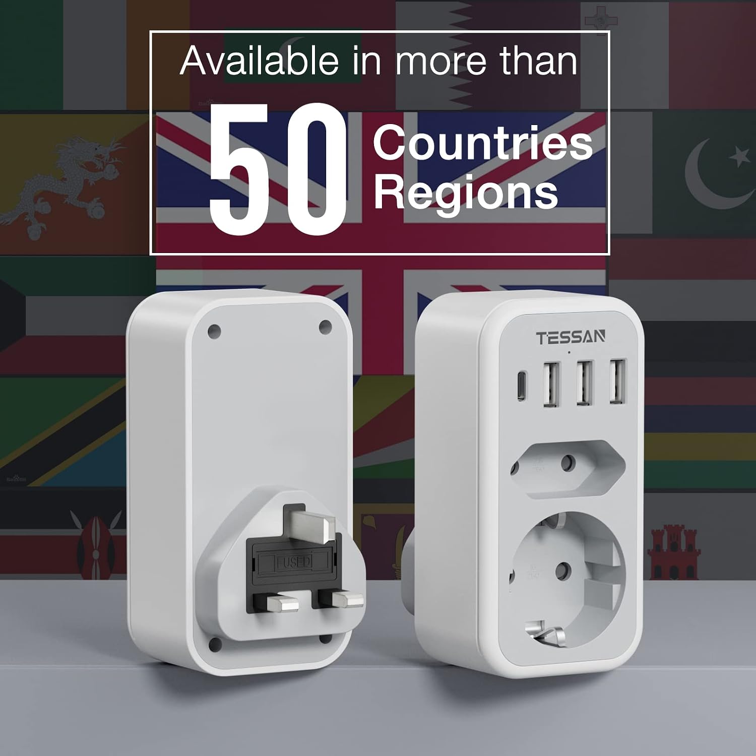 Detalle de TESSAN UK Adapter Typ G (England/Deutschland) mit 3× USB-A und 1× USB-C – Reiseadapter 6-in-1