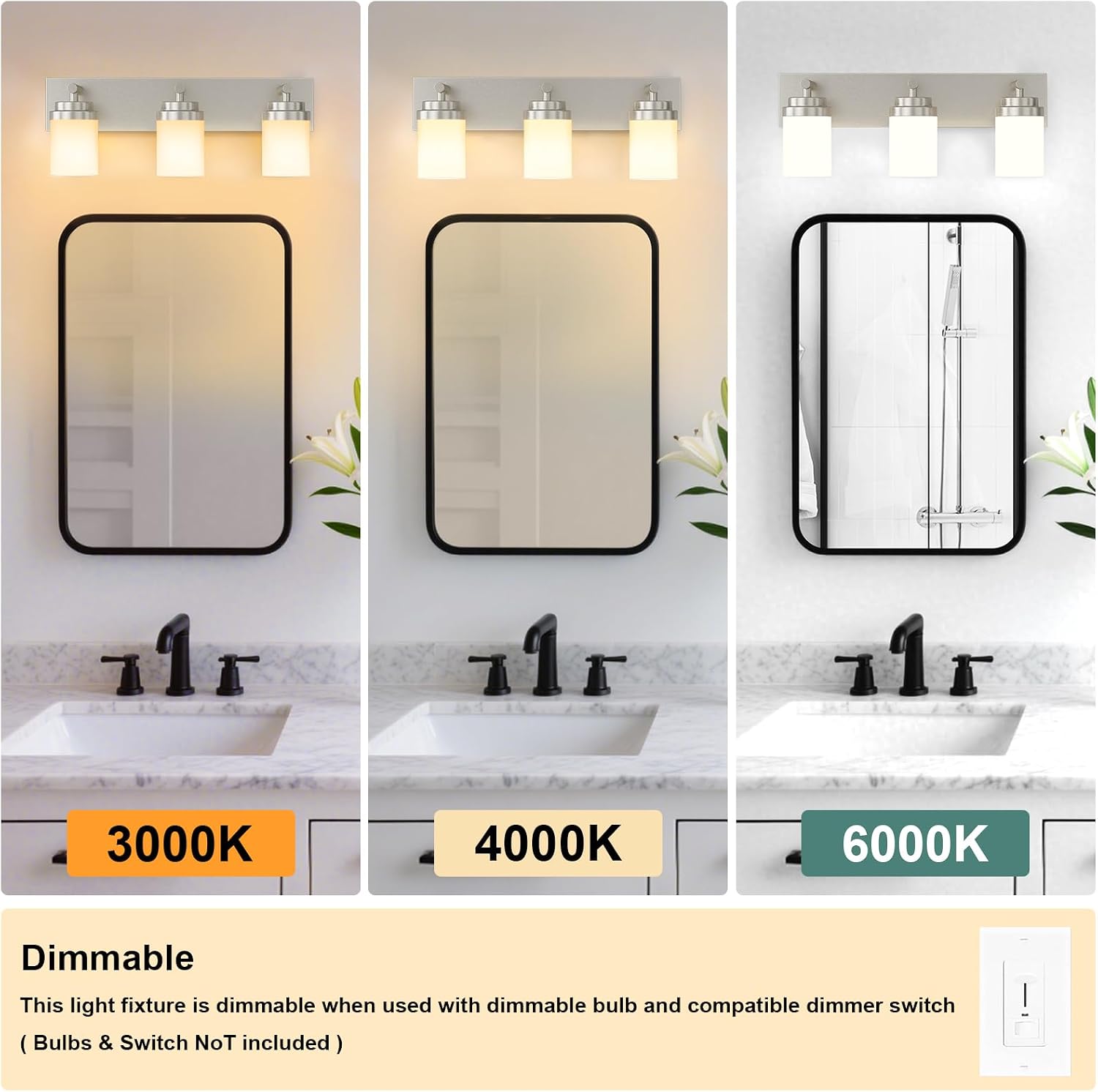 Detalle de IZORRO HL101-3T-Ni-WT Bathroom Vanity Light, 3-Light Brushed Nickel
