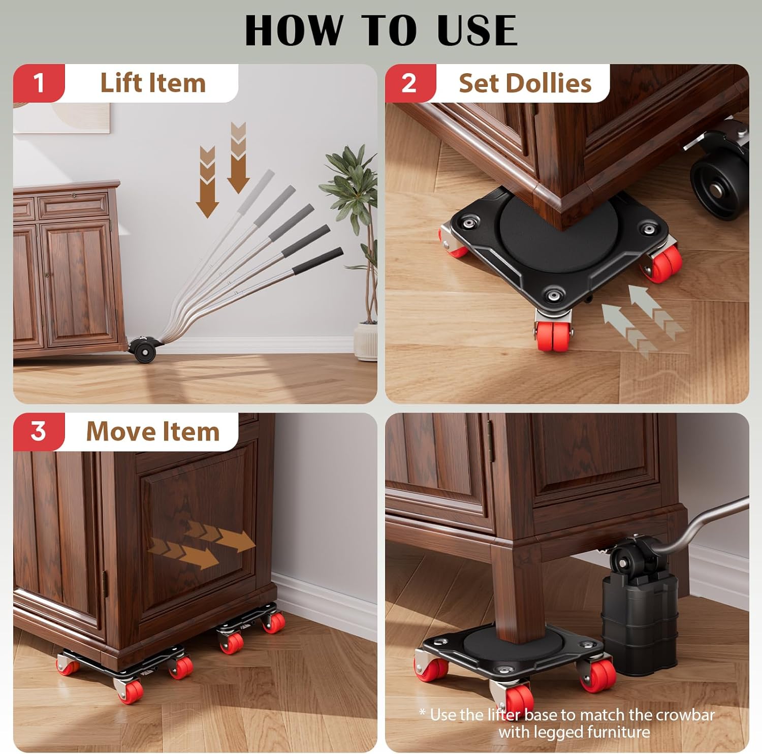 Detalle de ONEON Furniture Mover Ultra with 8 Wheels – low-profile double-wheeled dolly kit with auxiliary lifter (supports up to 1650 lbs)