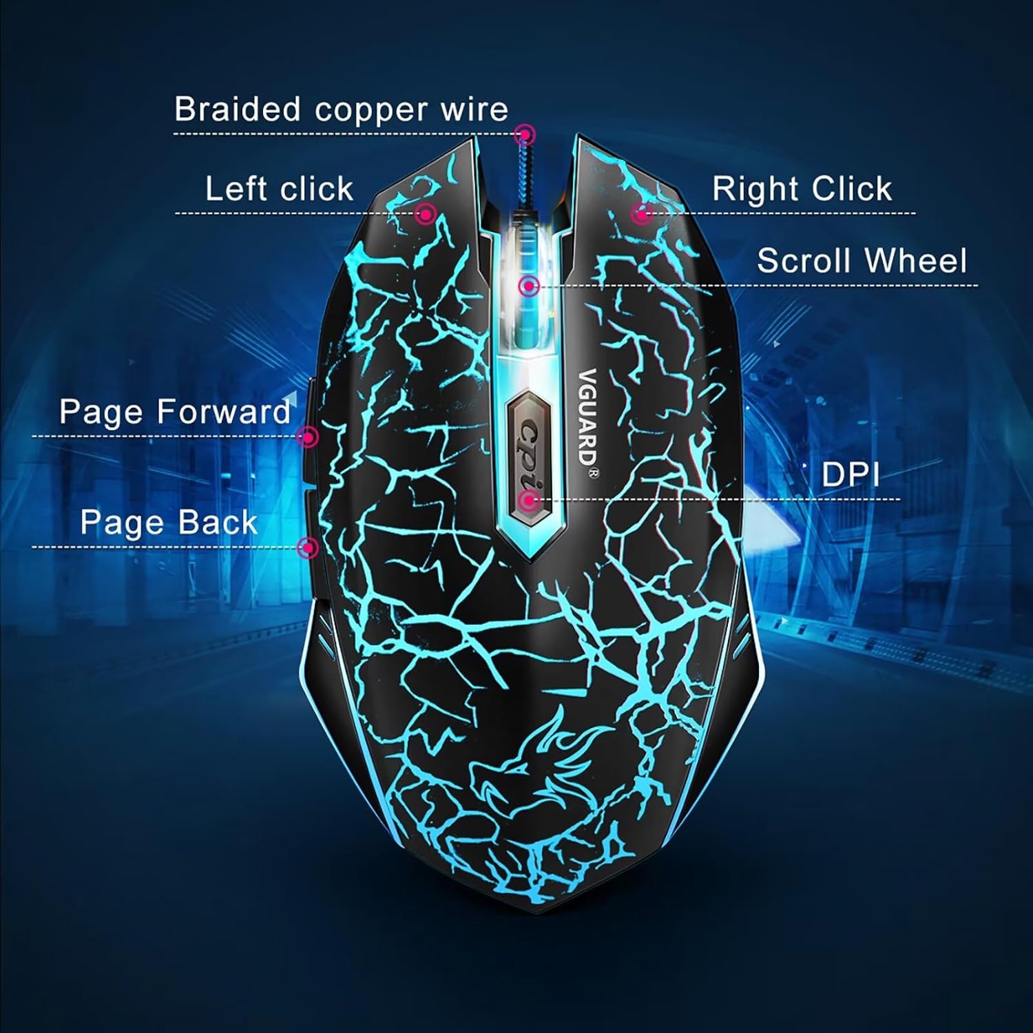 Thumbnail 2 de VGUARD Gaming Maus (kabelgebunden) mit 6 Tasten und 4 DPI-Stufen, optisch – schwarz