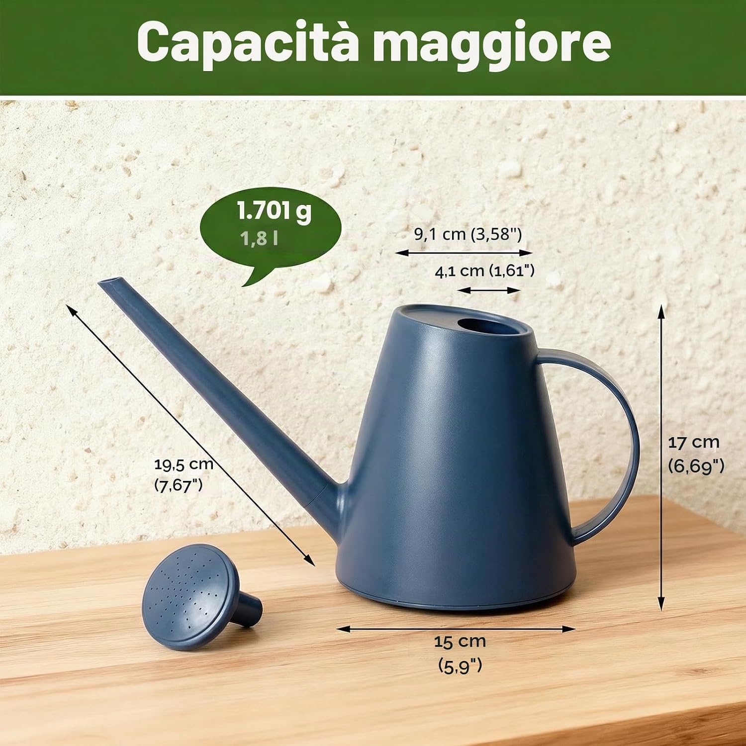 Detalle 2 de Bamworld Annaffiatoio per Piante da Interno 1,8L con Beccuccio Lungo e Doppio Ugello