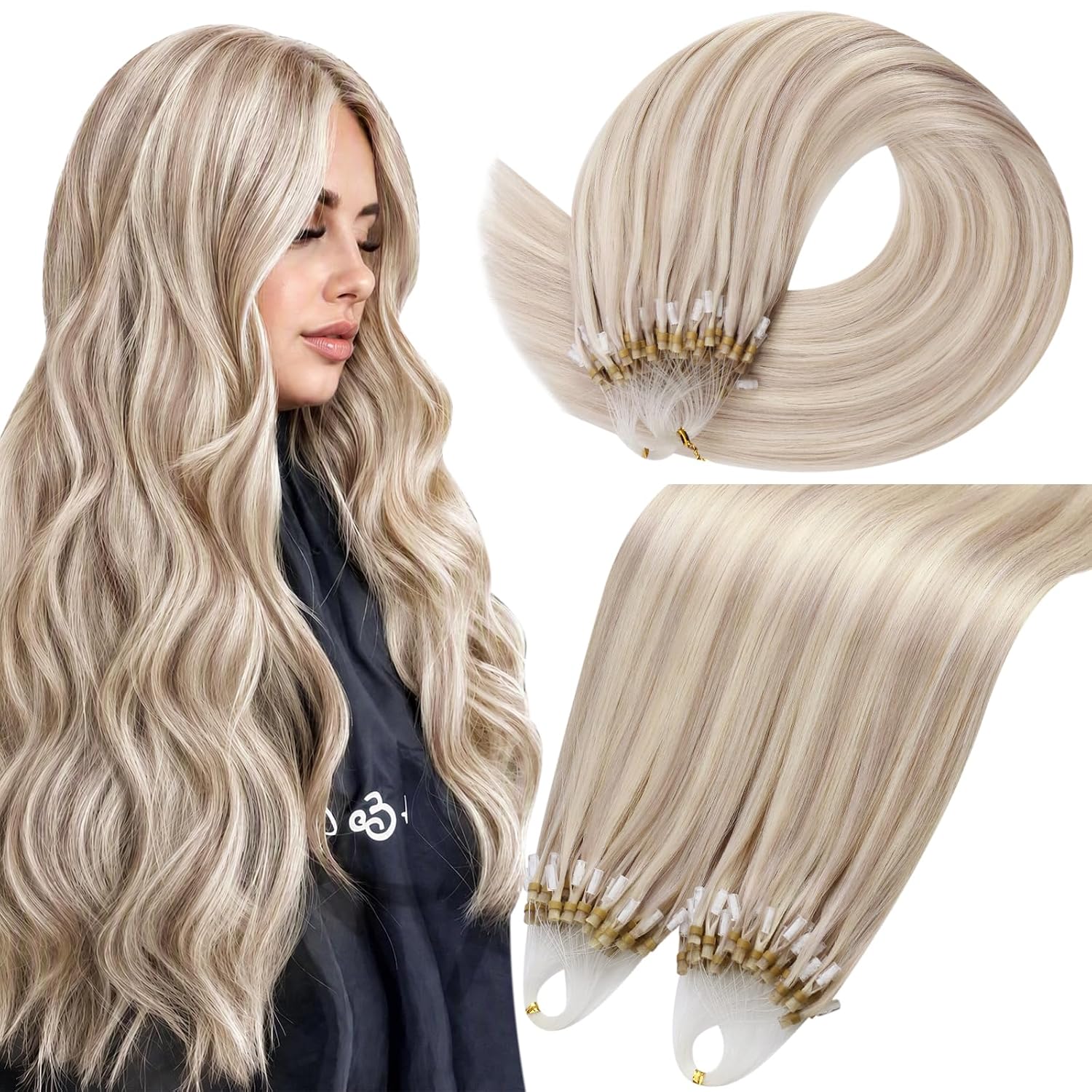 Detalle de Moresoo Microlink Hair Extensions Human Hair, Ash Blonde Highlight (24Inch) – 50g, 50 Strands