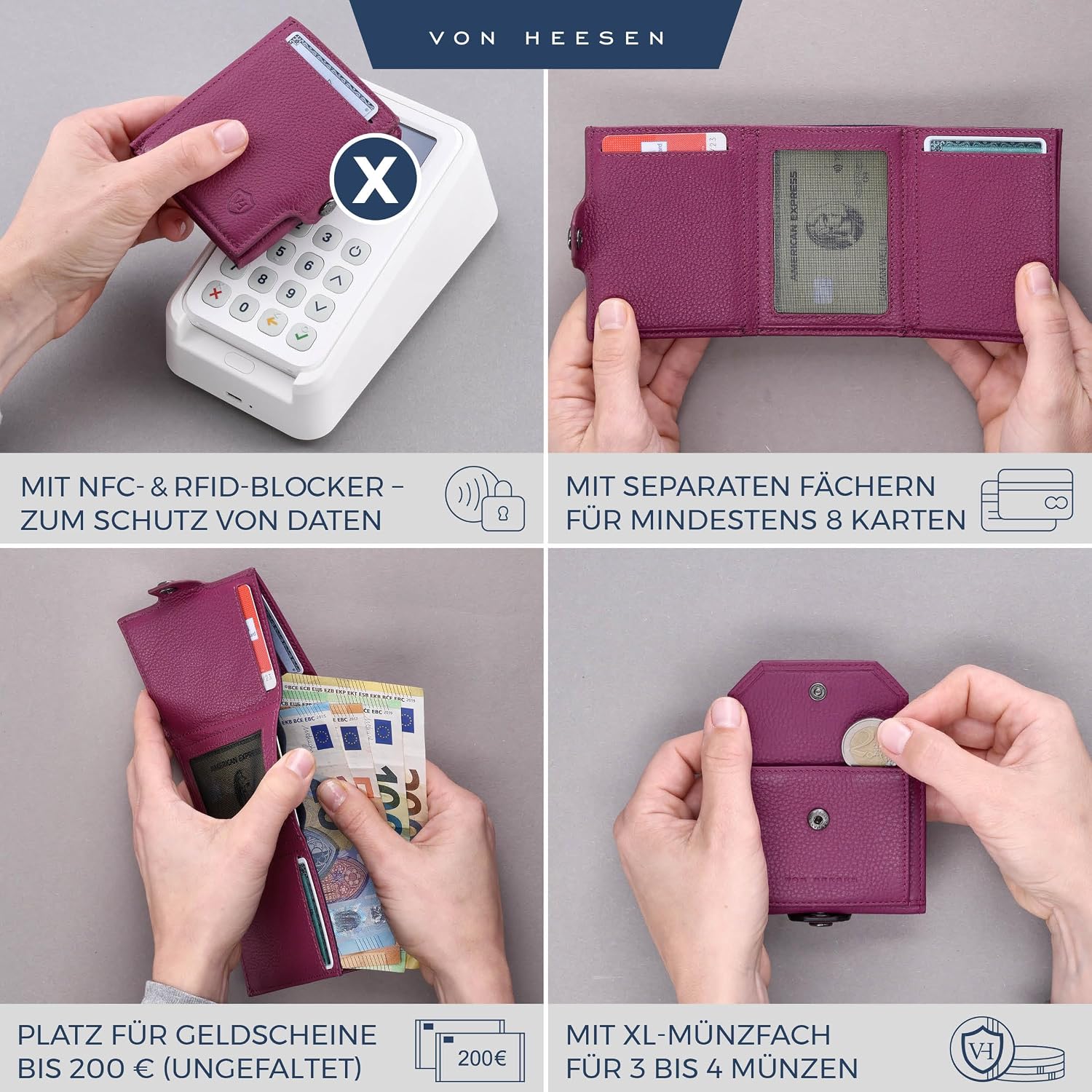 Detalle de VON HEESEN Slim Wallet mit XL Münzfach & RFID-Schutz – kleine Portemonnaie/ Kartenetui (Pink)