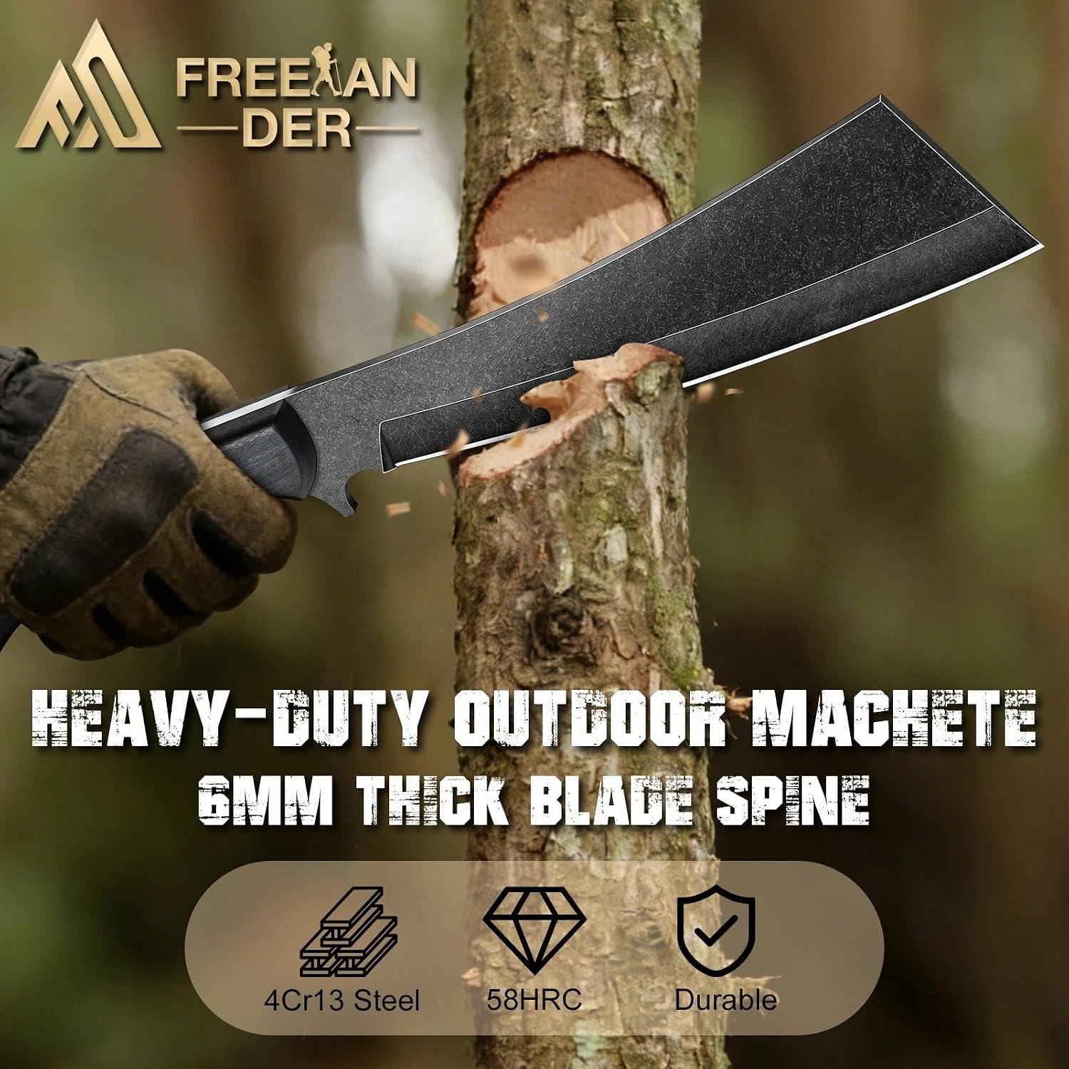 Detalle de Freelander Machete Survival – Full Tang, 6 mm Klingensteg, Holzscheide, 4Cr13 Stahl