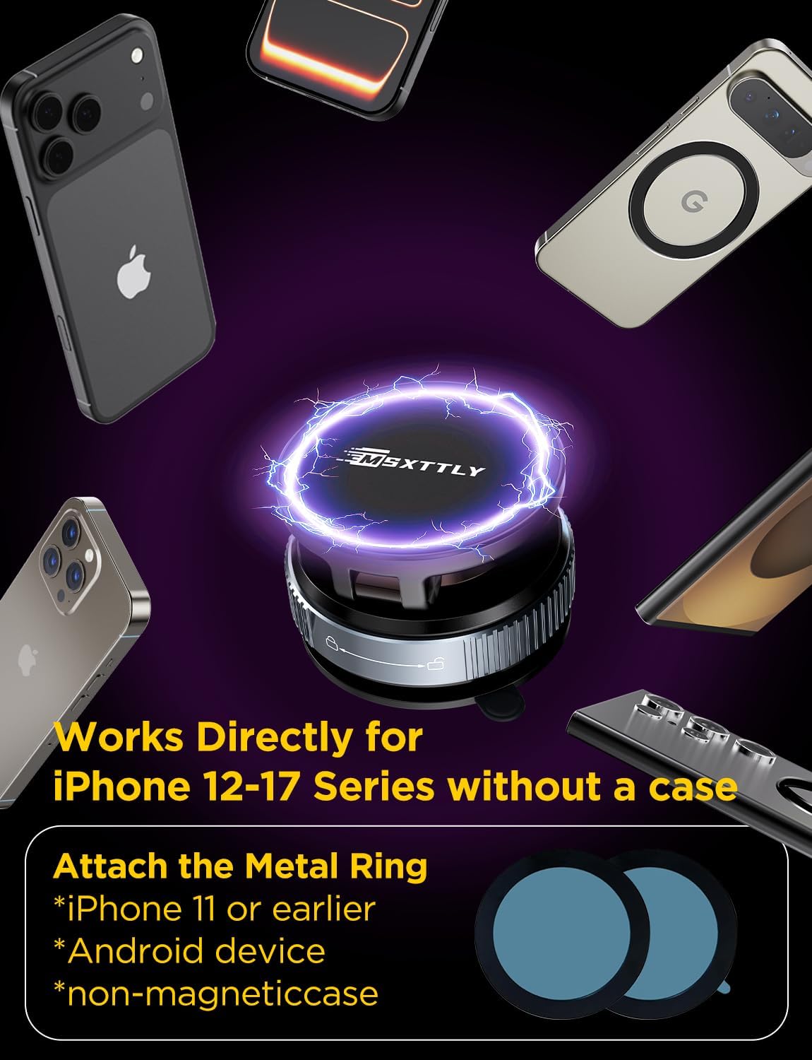 Thumbnail 6 de MSXTTLY Vmag-S2 2026 Vacuum Magnetic Car Phone Holder with 360° rotation, foldable design and twist-lock suction (Black)