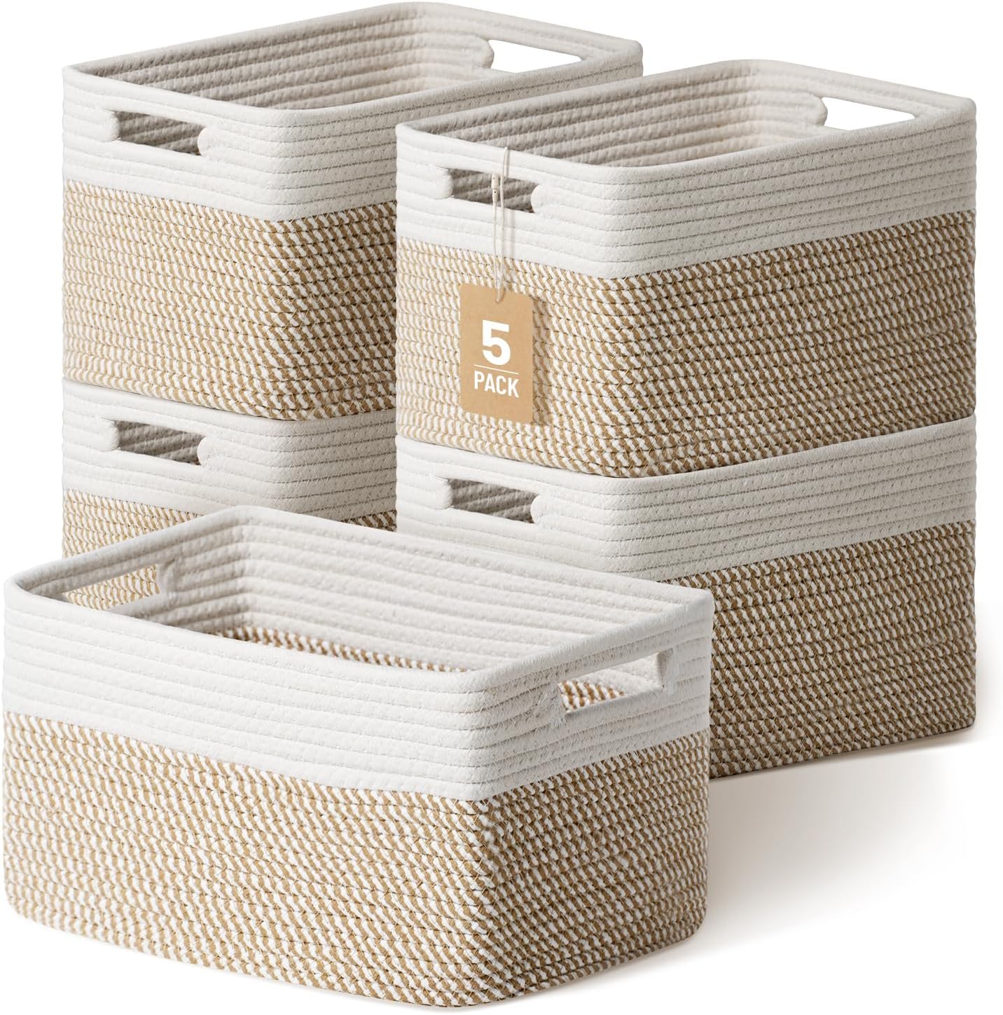 Detalle de Yilobi 5-Pack Woven Cotton Rope Storage Baskets (Khaki & White) for Shelves