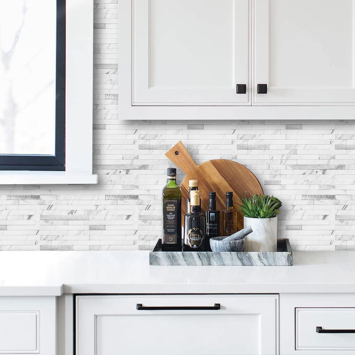 Thumbnail 1 de AULIGET 20 Sheets Faux Stone Peel and Stick Backsplash Tiles (White Marble Look) for Kitchen
