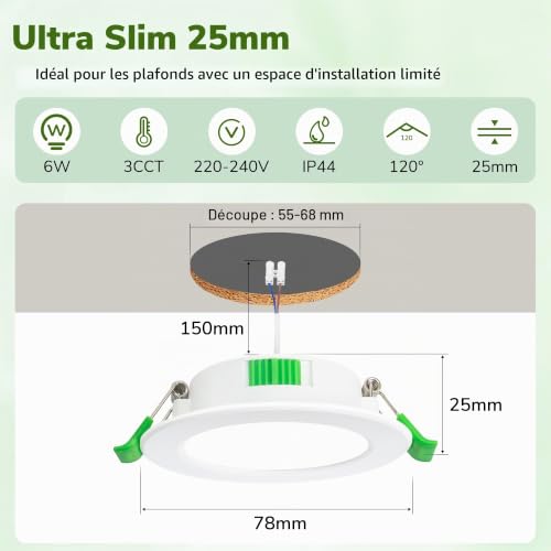 Thumbnail 4 de Laiebri Spot LED Encastrable Extra Plat 25 mm – Lot de 4, 6W, 2700–6000K, IP44