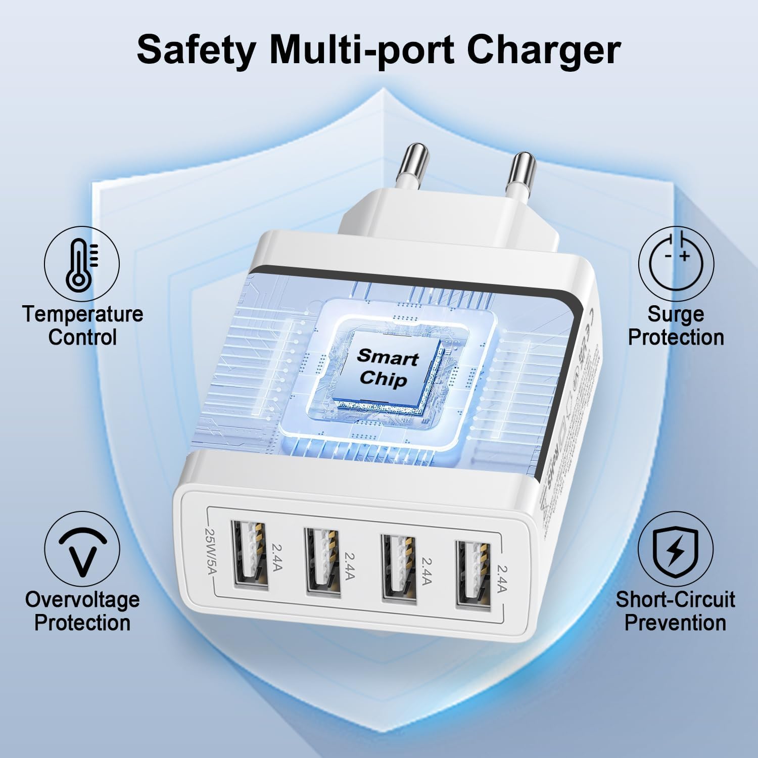 Thumbnail 2 de Lot de 2 chargeurs USB muraux à 4 ports (25 W, 4x USB) – Chargeur rapide compatible Samsung, iPhone, iPad et Xiaomi