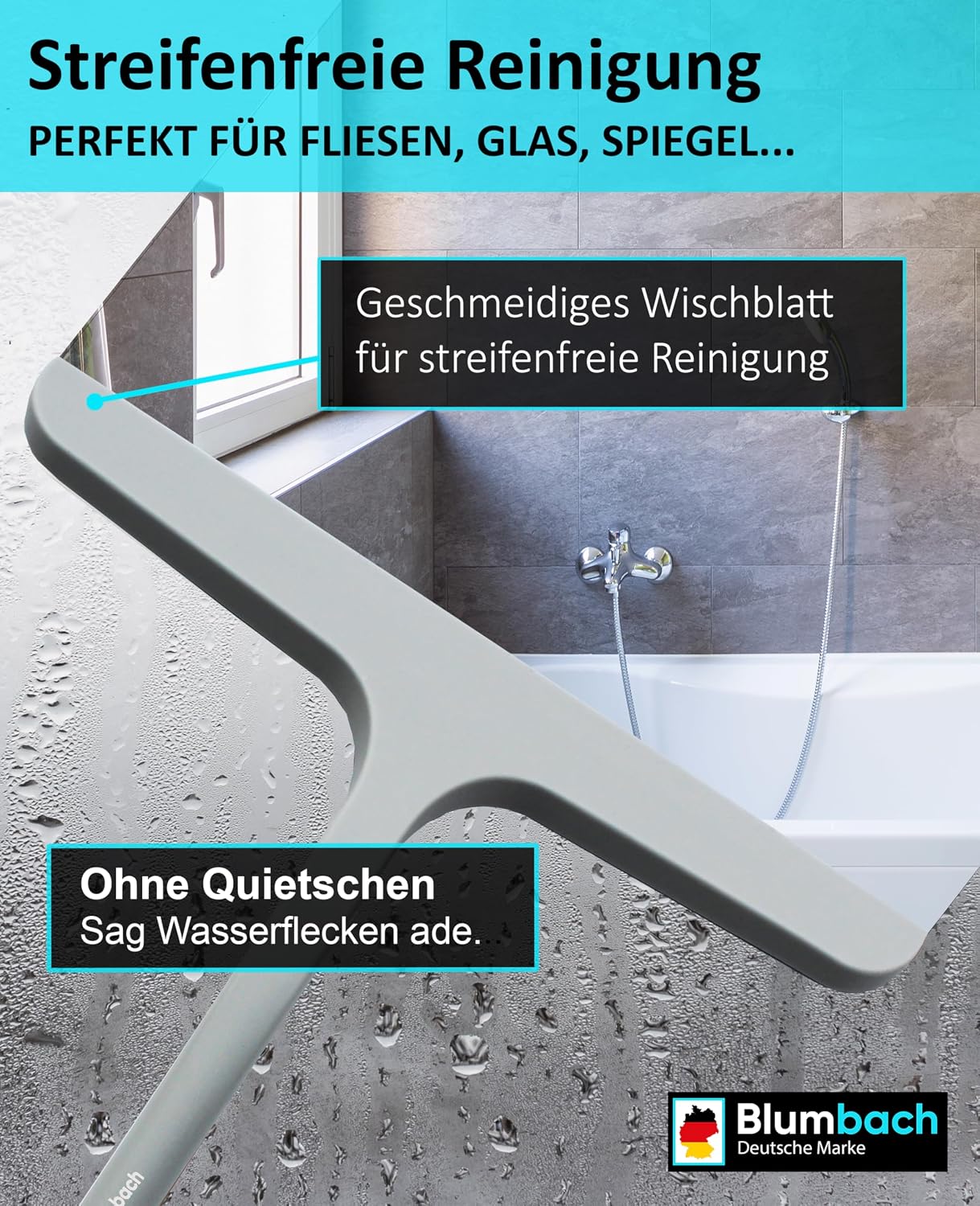 Detalle 2 de BLUMBACH® Duschkabinenabzieher grau – 28 cm Glasabzieher mit Halterung und Silikonlippe