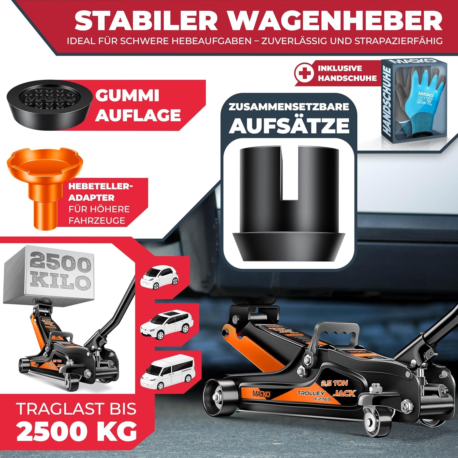 Thumbnail 1 de MASKO® hydraulischer Wagenheber 2,5 t, flach (85–365 mm) inkl. Koffer & Handschuhe – für PKW/SUV