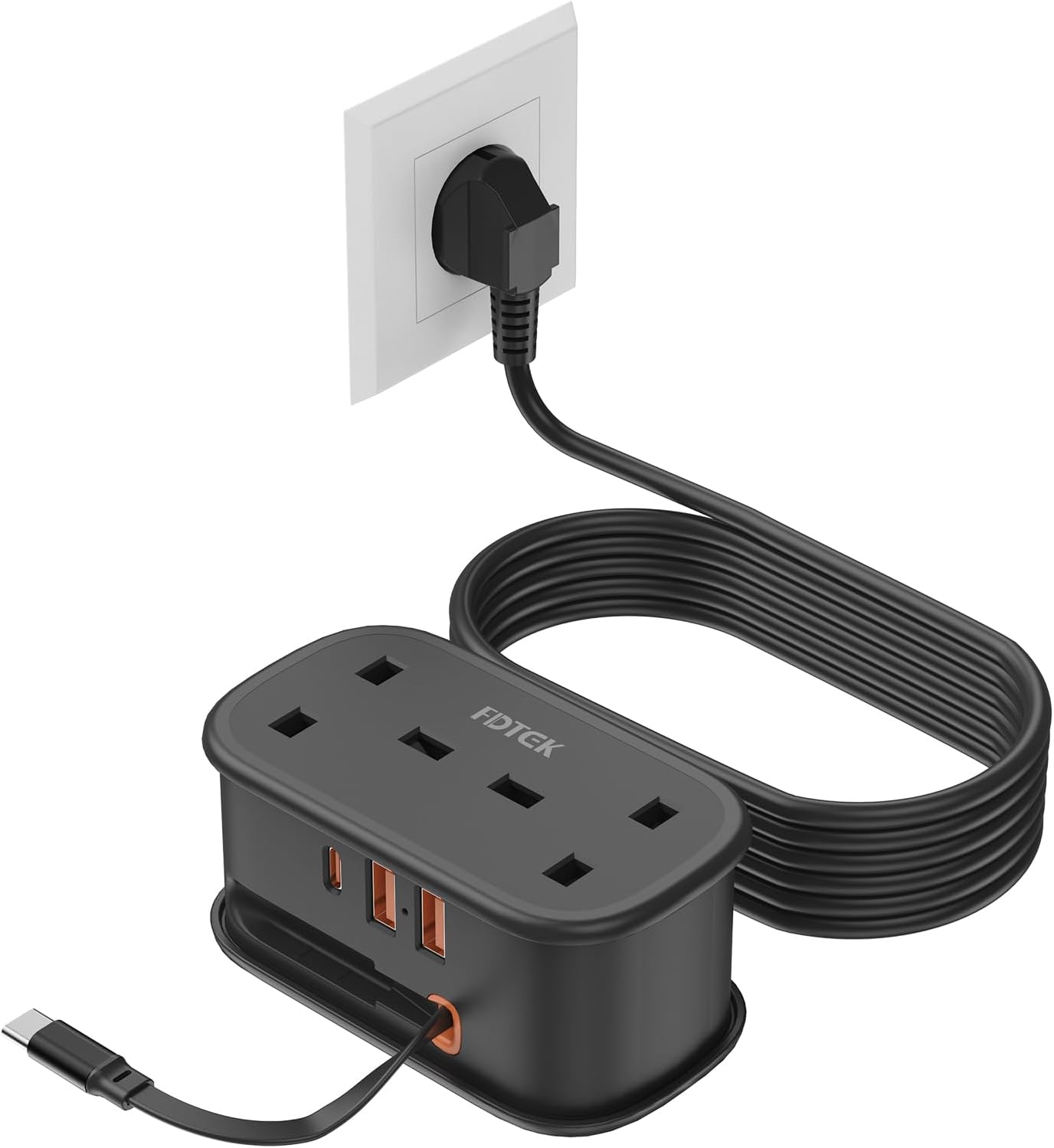 Detalle de FDTEK UK to European Plug Adapter with 1.5m Extension Cable and 3 USB Ports (Type E/F)