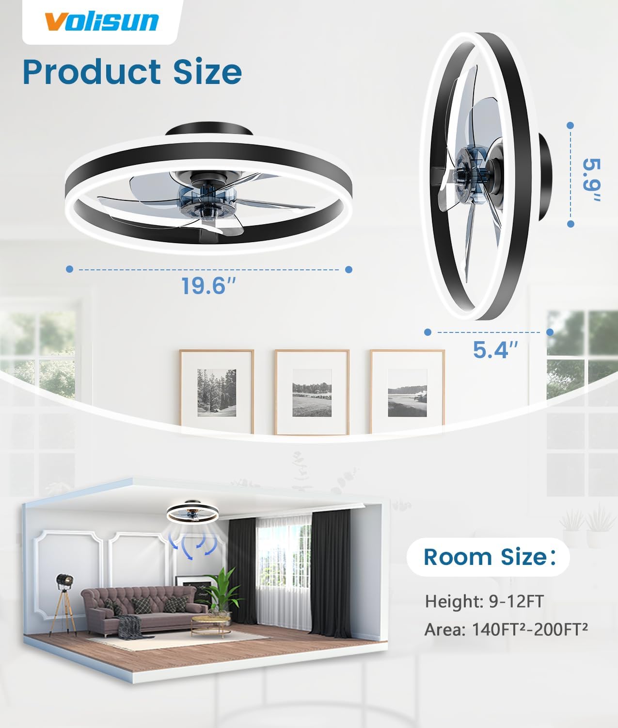 Detalle 2 de VOLISUN 8223-3K Low-Profile Ceiling Fan with Light, Remote and App