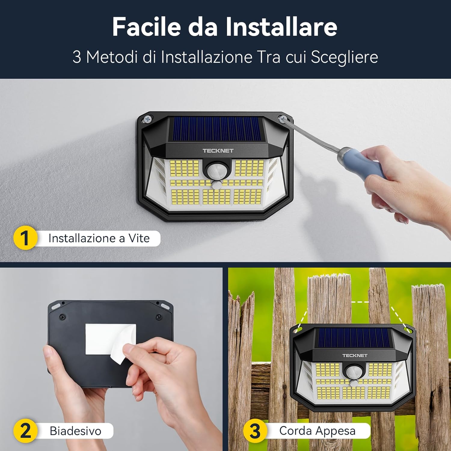 Detalle de TECKNET Luci Solari Esterno 231 Faretti LED (4 pezzi) con Sensore PIR, 300° IP65