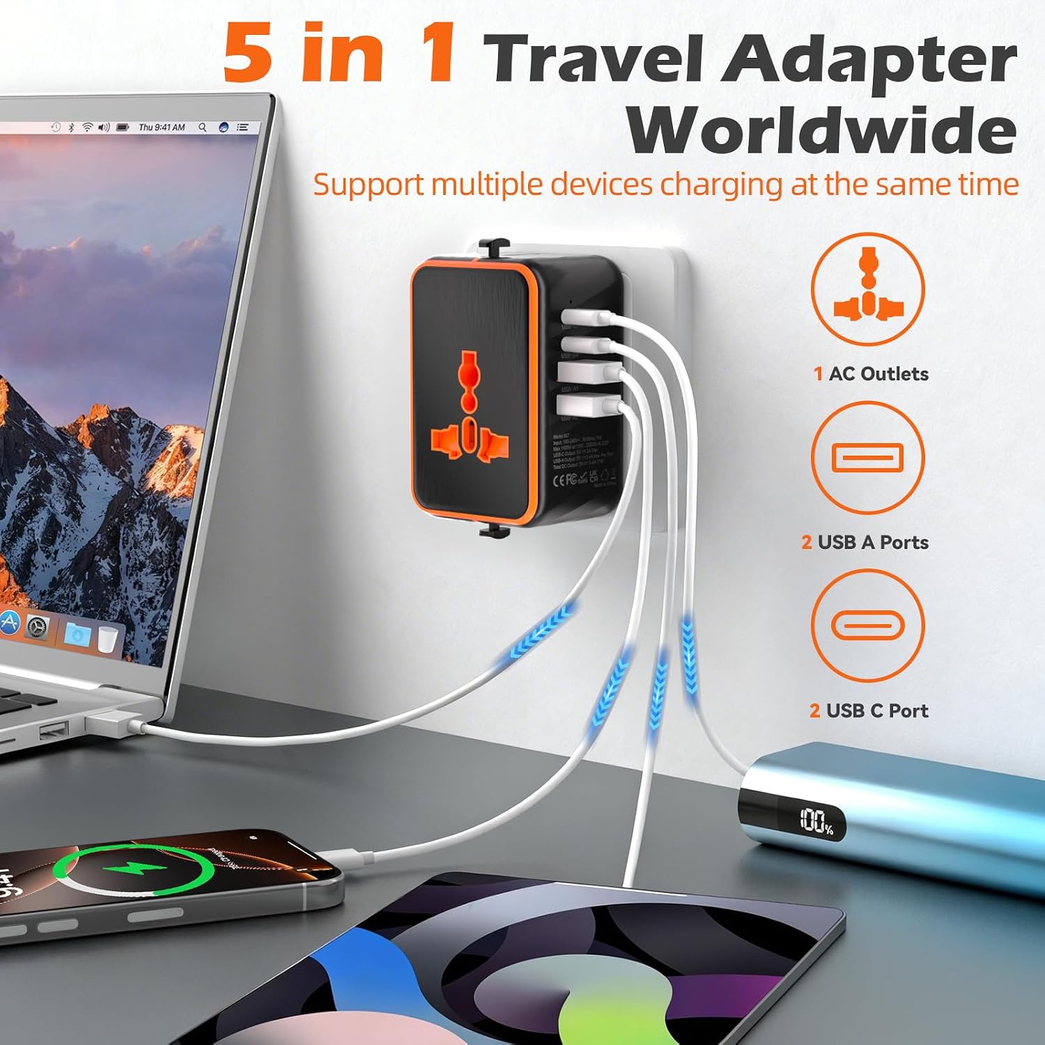 Detalle de Universal Travel Adapter: All-in-One World Plug with UK, EU, AU, US Sockets & 4 USB Ports