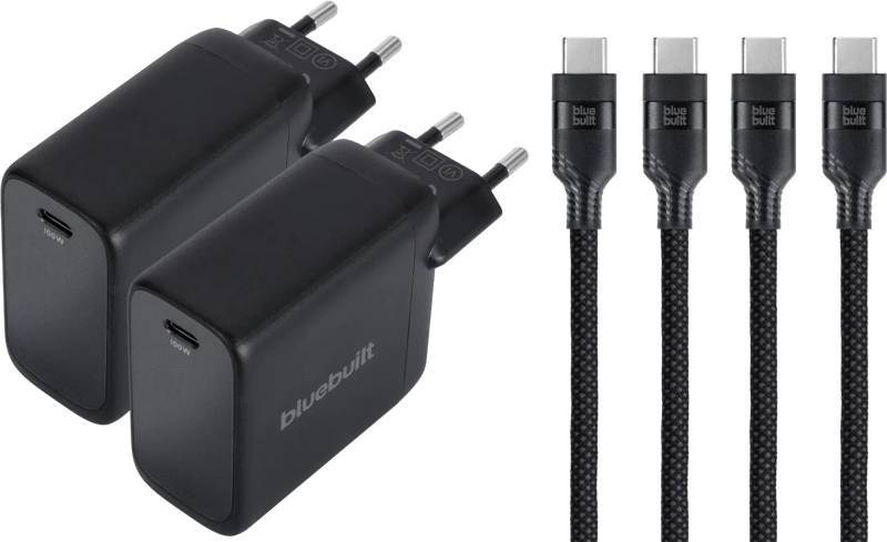 Detalle de BlueBuilt 100 W GaN USB-C-Ladegerät Schwarz + USB-C-Kabel 240 W 2 m Nylon Schwarz Doppelpack