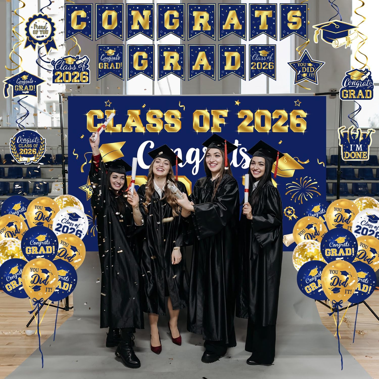 Detalle 2 de LINHAXM 2026 Graduation Decorations Set (Navy Blue & Gold) — Congrats Grad Banner, Backdrop, Porch Sign, Balloons & More