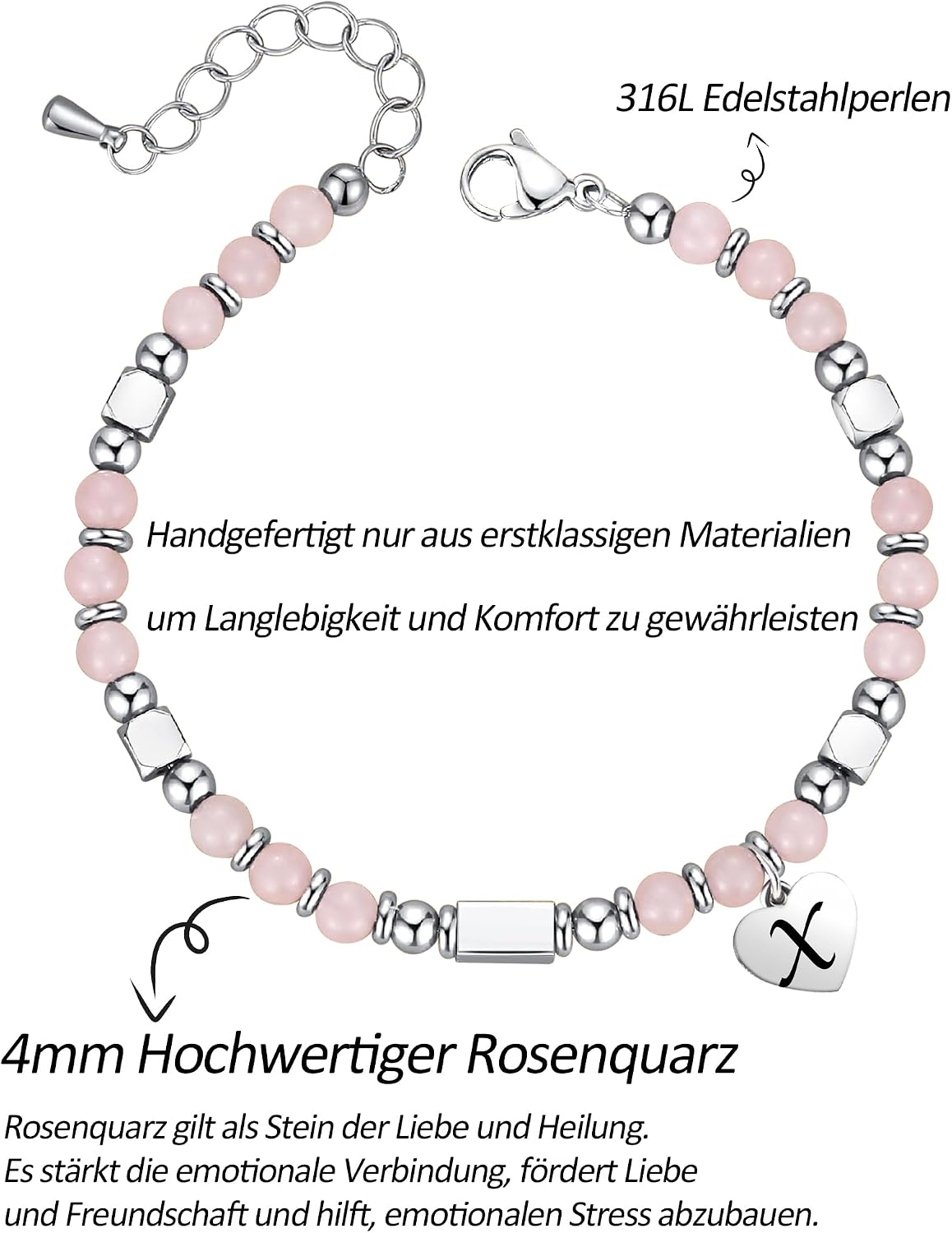 Detalle de HAYOUWAY Rosenquarz Armband Buchstaben 4 mm