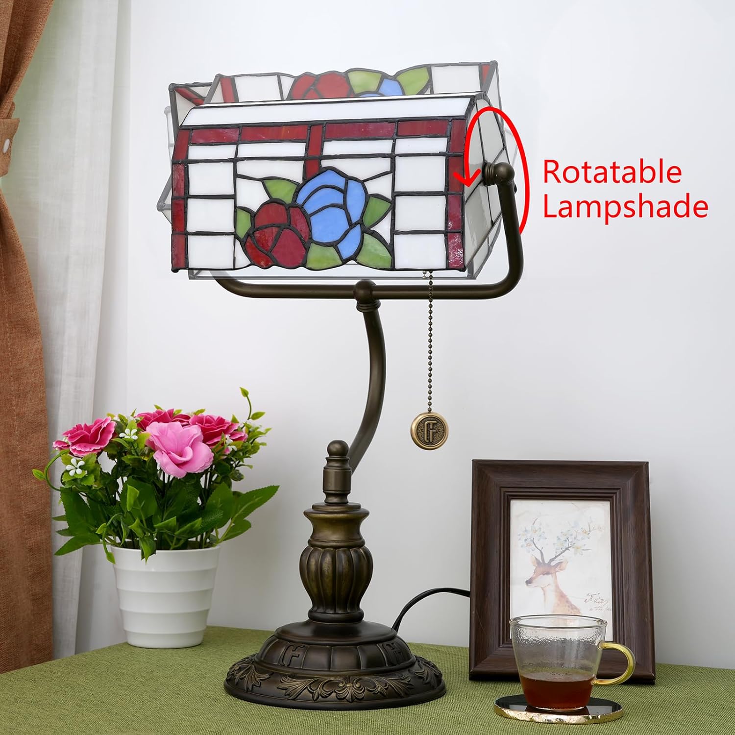 Thumbnail 4 de Blivuself Red Rose Tiffany Bankers Desk Lamp (stained glass table lamp, pull chain)
