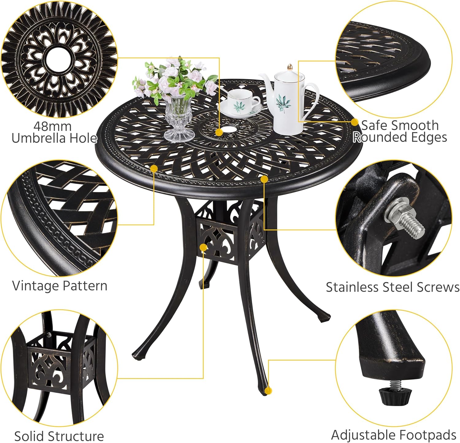 Thumbnail 4 de Yaheetech Table de jardin ronde design vintage en aluminium bronze, avec trou pour parasol et patins réglables (Ø 78 cm)
