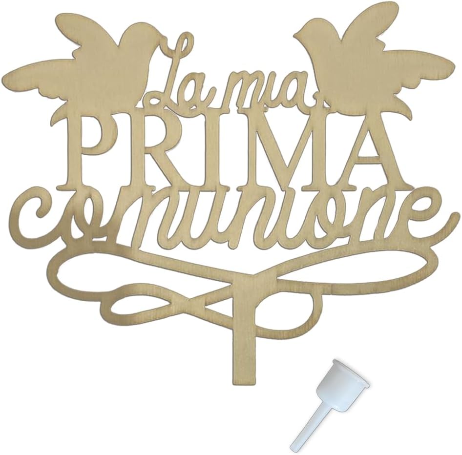 Decorazione per Torta Prima Comunione in Legno con Supporto, 18 x 15 cm
