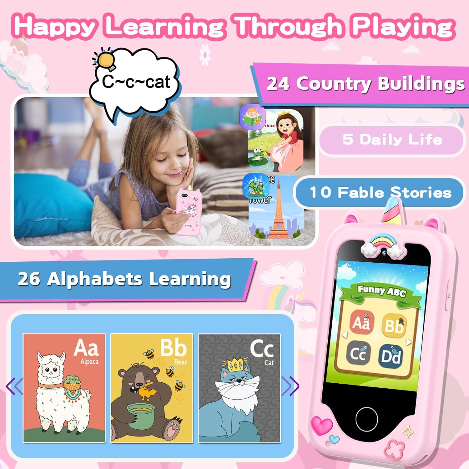 Detalle 2 de Luoba Kids Smart Phone for Girls & Boys (Pink) 2.8" Touchscreen Toy Phone with Dual Camera, Games, Music & 8GB Card