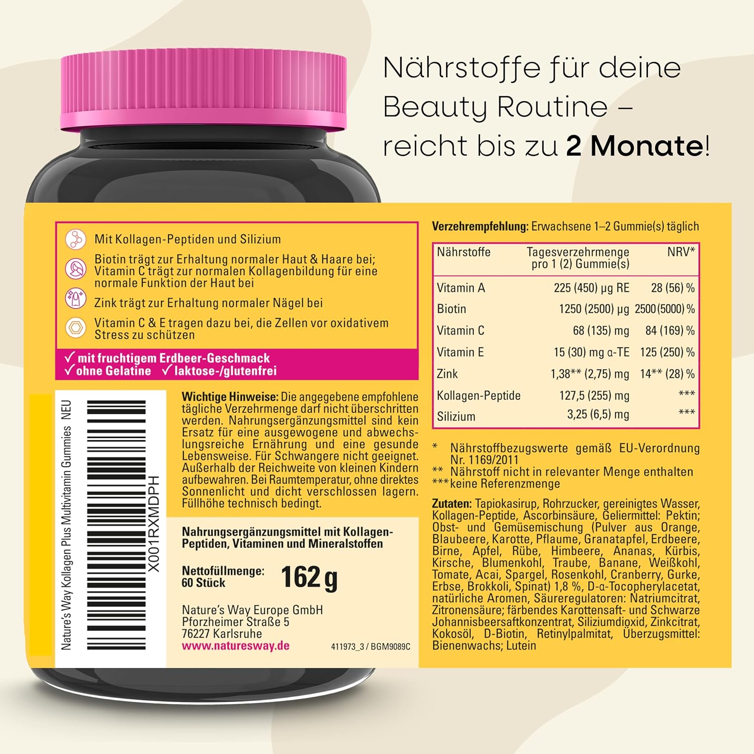 Detalle de Kollagen Gummibärchen mit Biotin, Zink und 2.500 µg Biotin (Erdbeer) – 60 vegane Vitamin Gummies