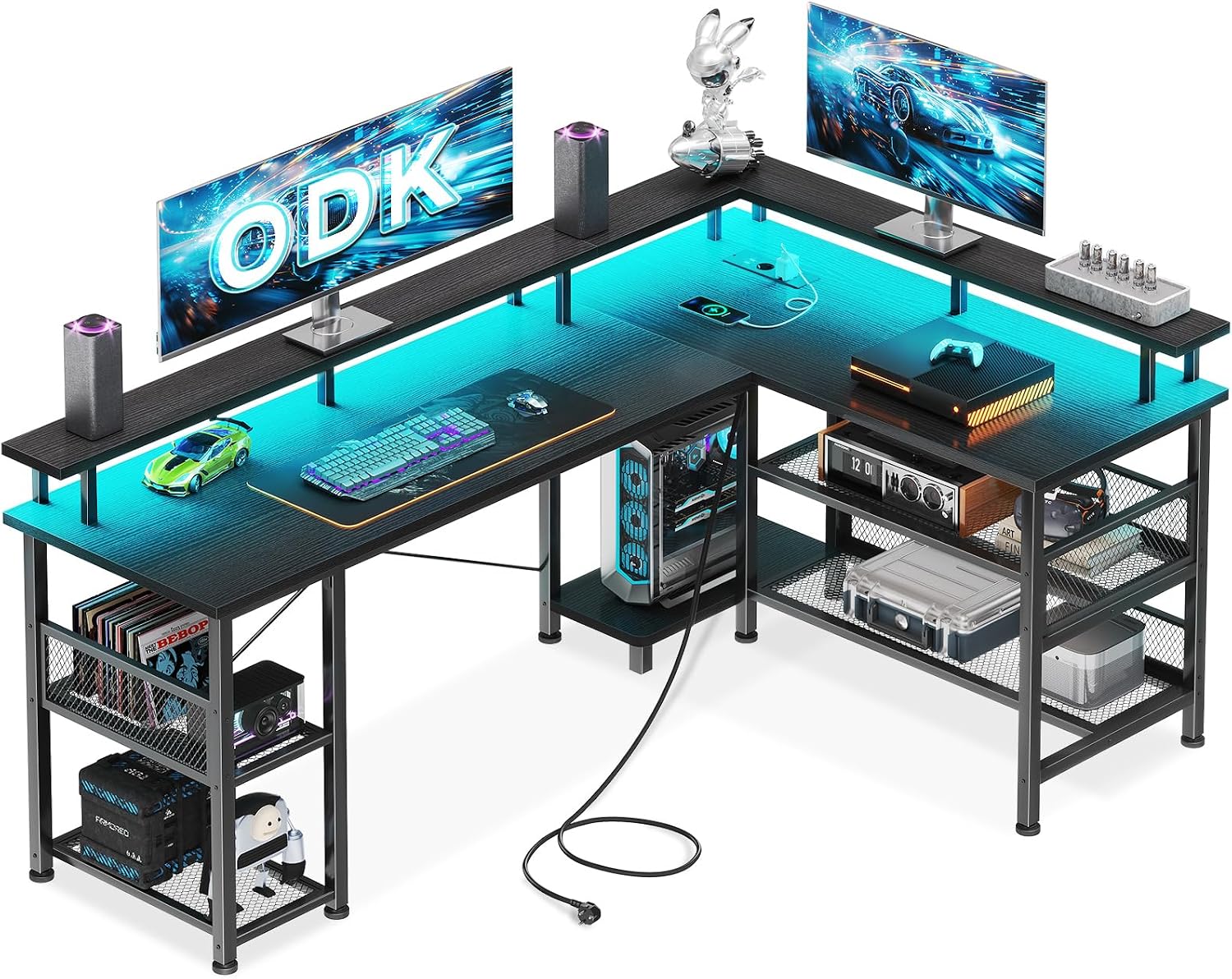 Detalle de ODK ZJZ-SBWJDDD-N L-format gamingbord 150 × 102 cm med LED och hyllor