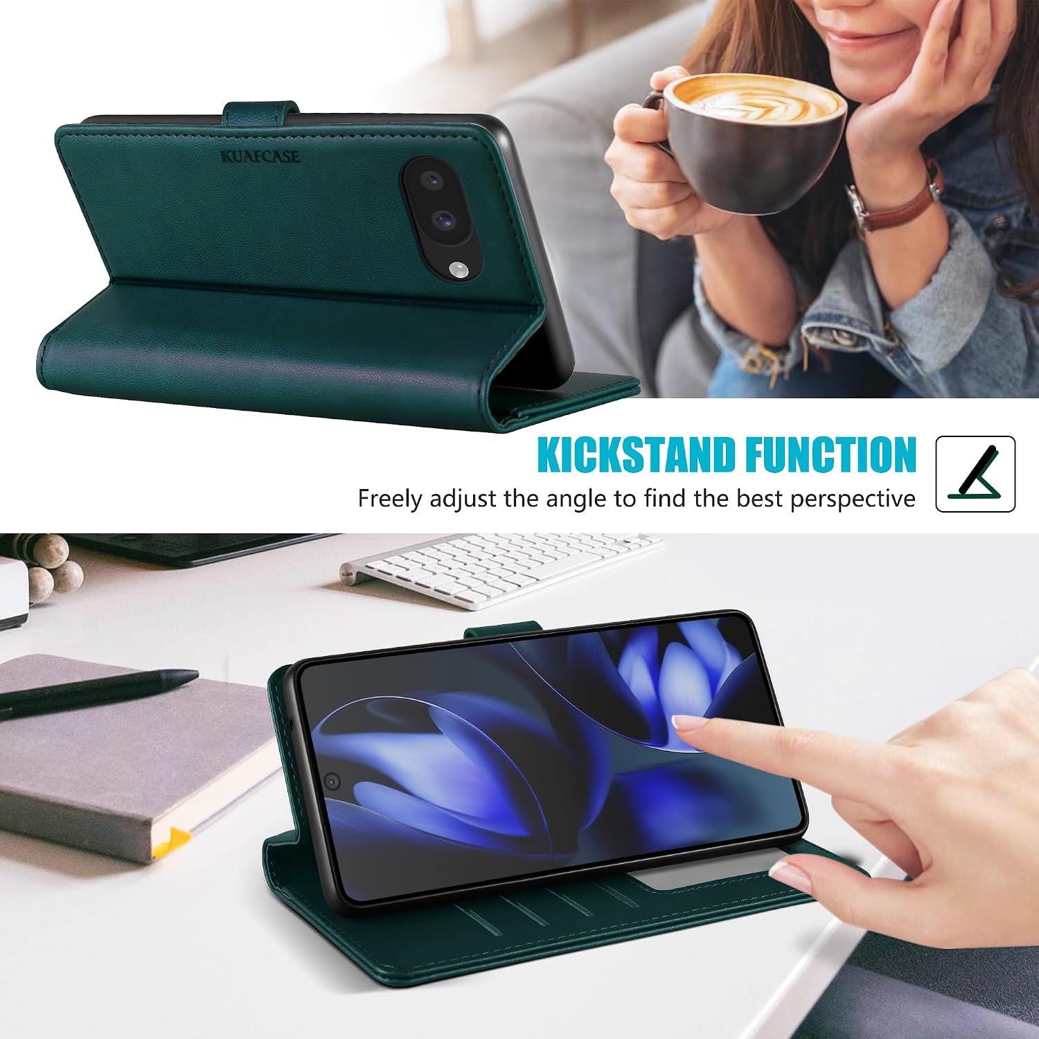 Detalle 2 de Kuafcase for Google Pixel 9A Case with 4 Card Slots, Magnetic Closure and Kickstand – Green