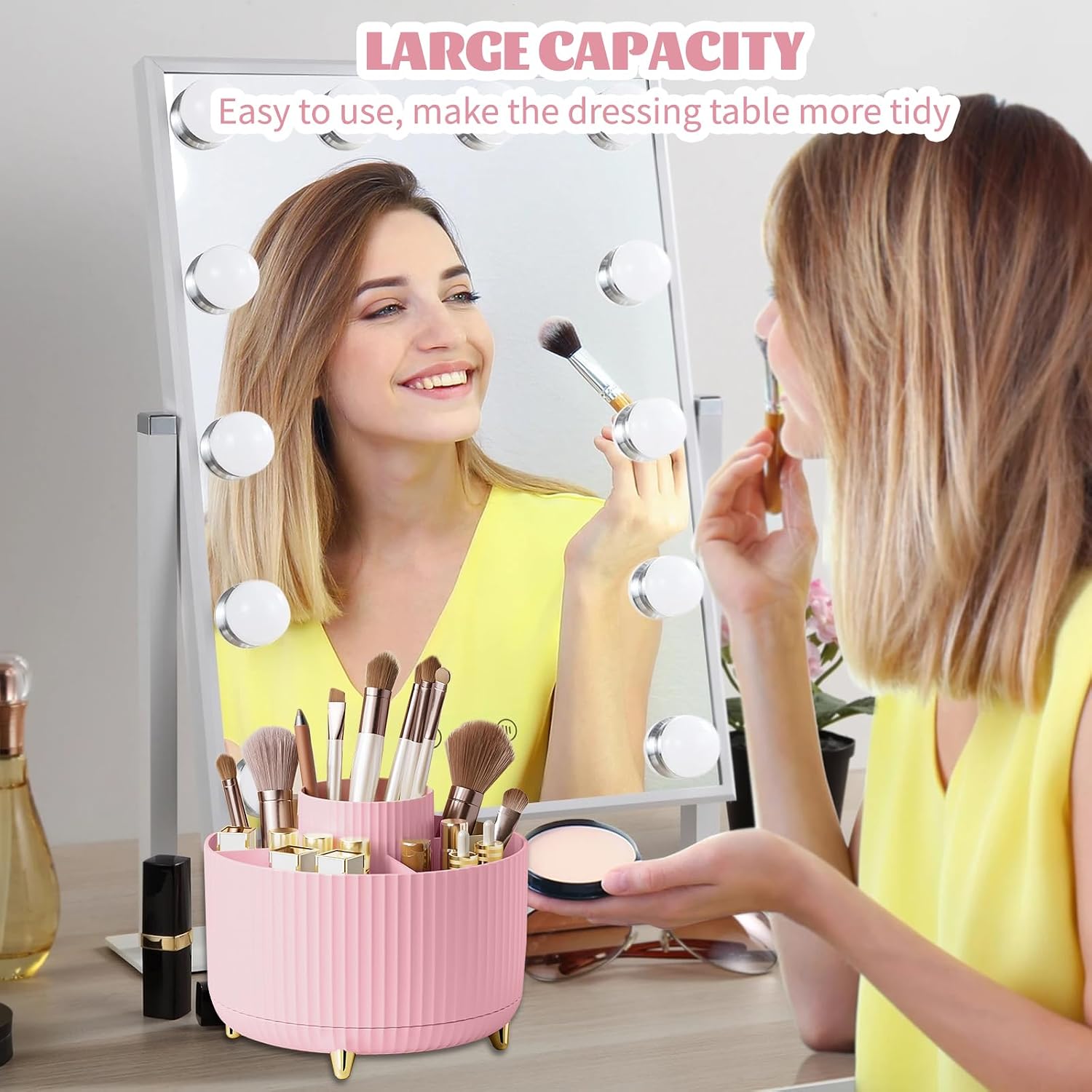 Thumbnail 6 de 360° Rotating Makeup Organiser with 5 Compartments (Pink) – desk brush holder and stationery storage