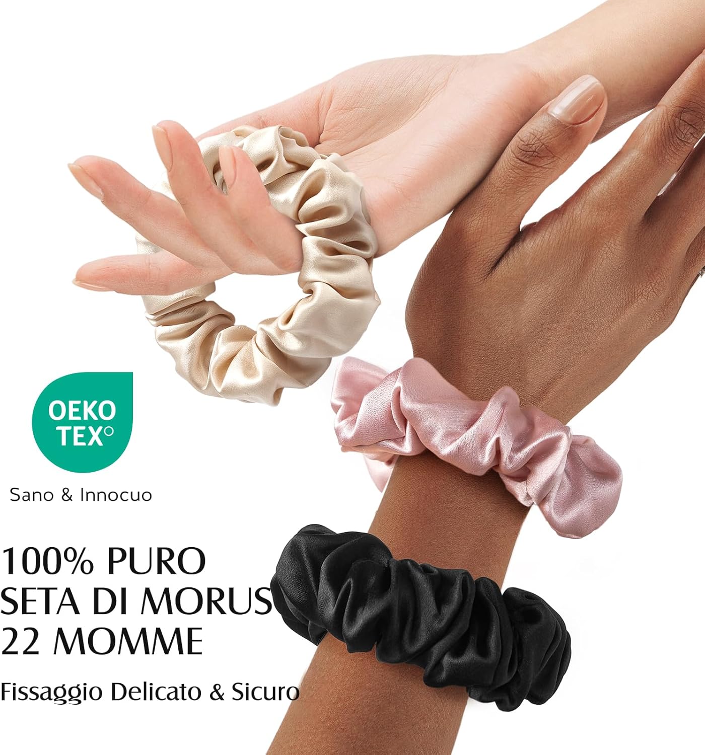 Detalle de Set di 3 scrunchies in seta Umisleep (100% seta di gelso) senza impronte, rosa + nero + champagne
