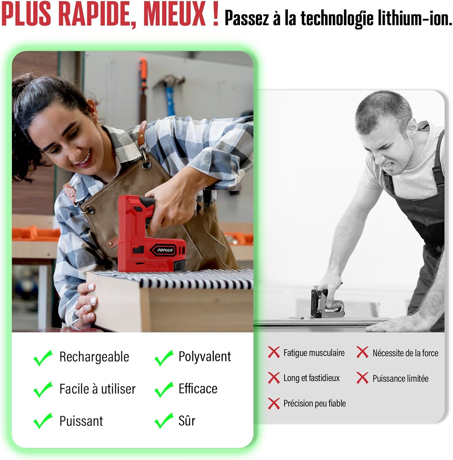 Thumbnail 2 de POPULO Agrafeuse électrique 2-en-1 sans fil 4 V — kit complet avec USB-C, arrache-clou et 1200 agrafes / 400 clous