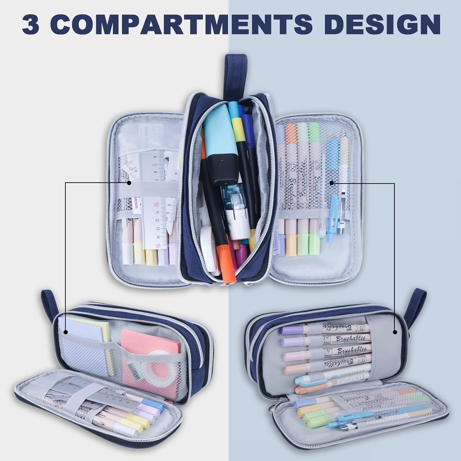Detalle 2 de COLOCASTLE C5BCY001-2 etui met 3 vakken, blauwe strepen en ruimte voor 50 pennen